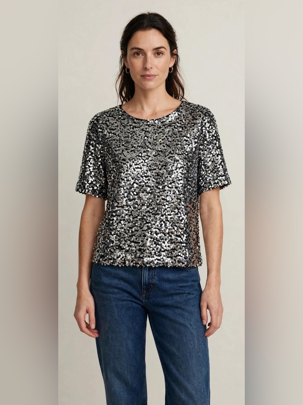 H&M Black and Silver Sequin Short Sleeve Top